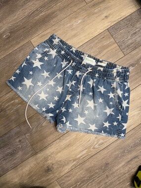 Star-Print Denim Drawstring Shorts - Blue